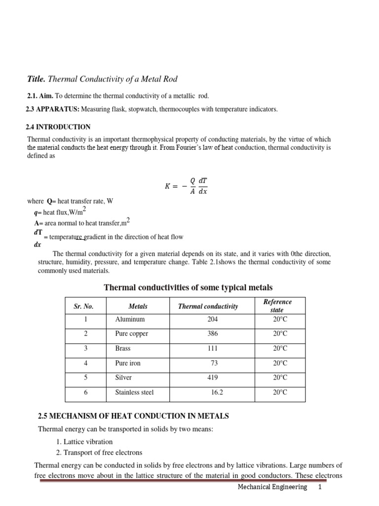 Write Up Thermal Conductivity of Rod | PDF | Electrical Resistivity And ...