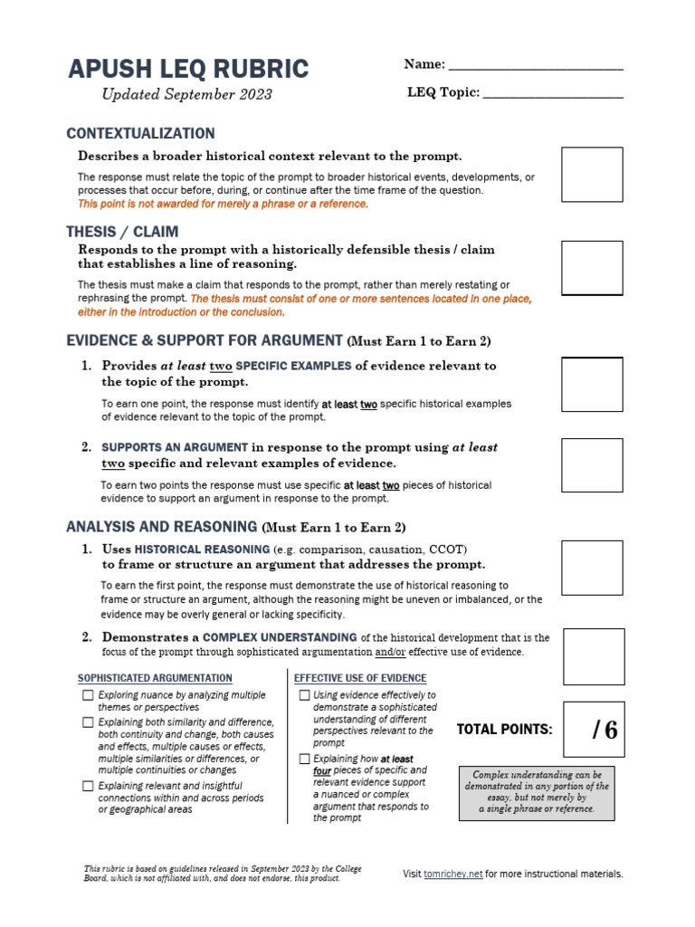 Apush Leq Rubric 2024 PDF Argument Evidence