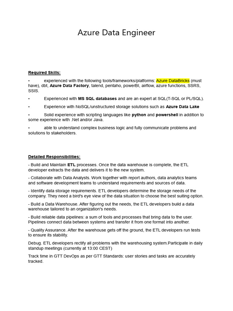 Azure Data Engineer Job Description | PDF