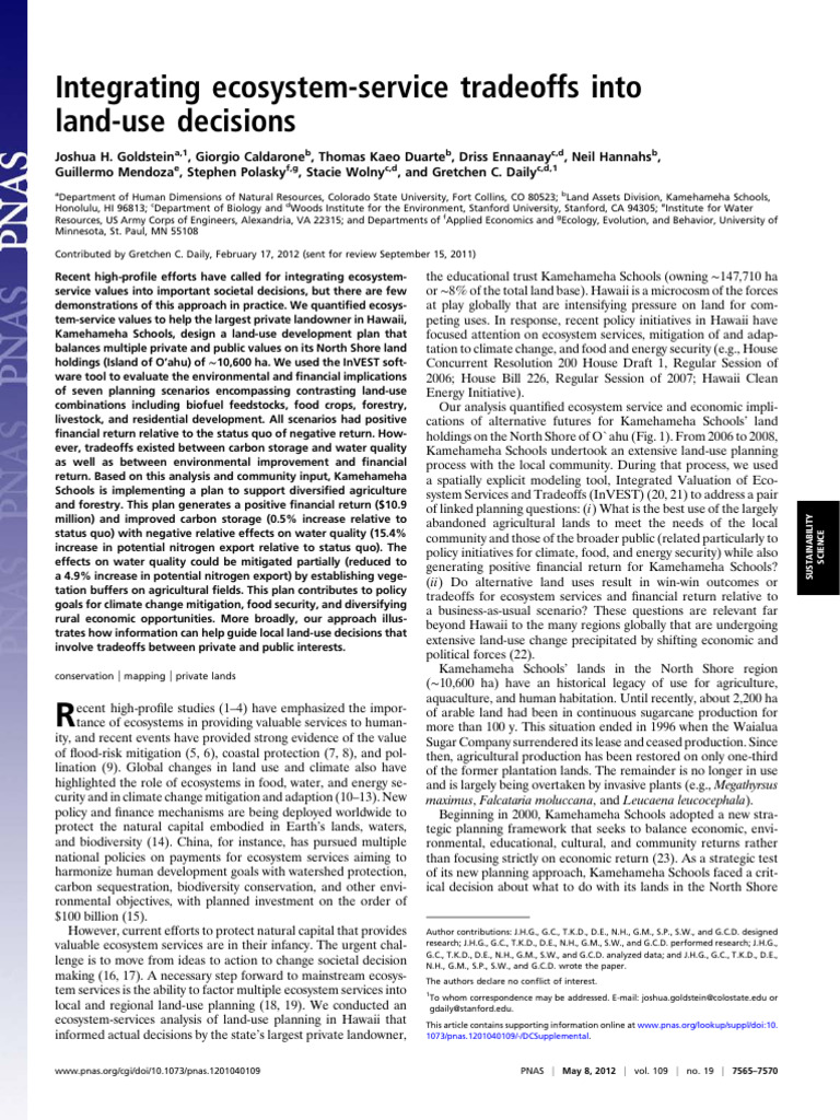 Goldstein et al 2012 integrating ecosystem service tradeoffs into land