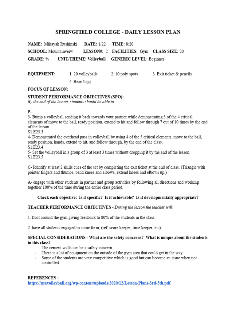 Volleyball Lesson 2 Mikayah Rushinski Pdf Volleyball