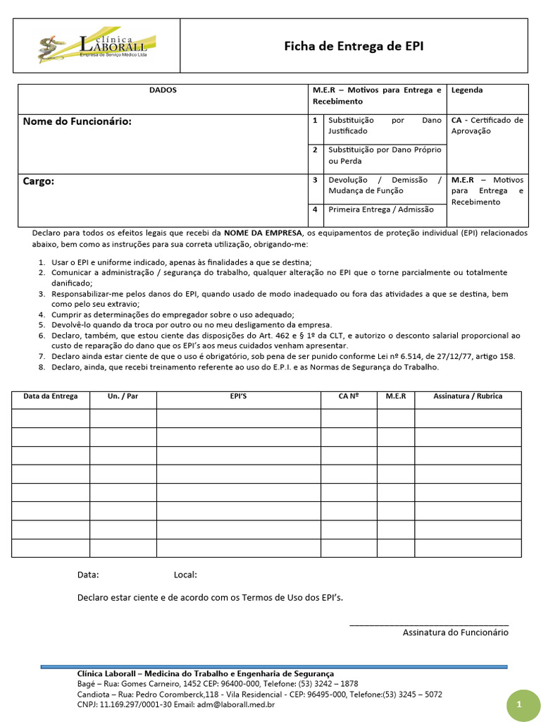 Ficha de Entrega de EPI para Funcionários | PDF