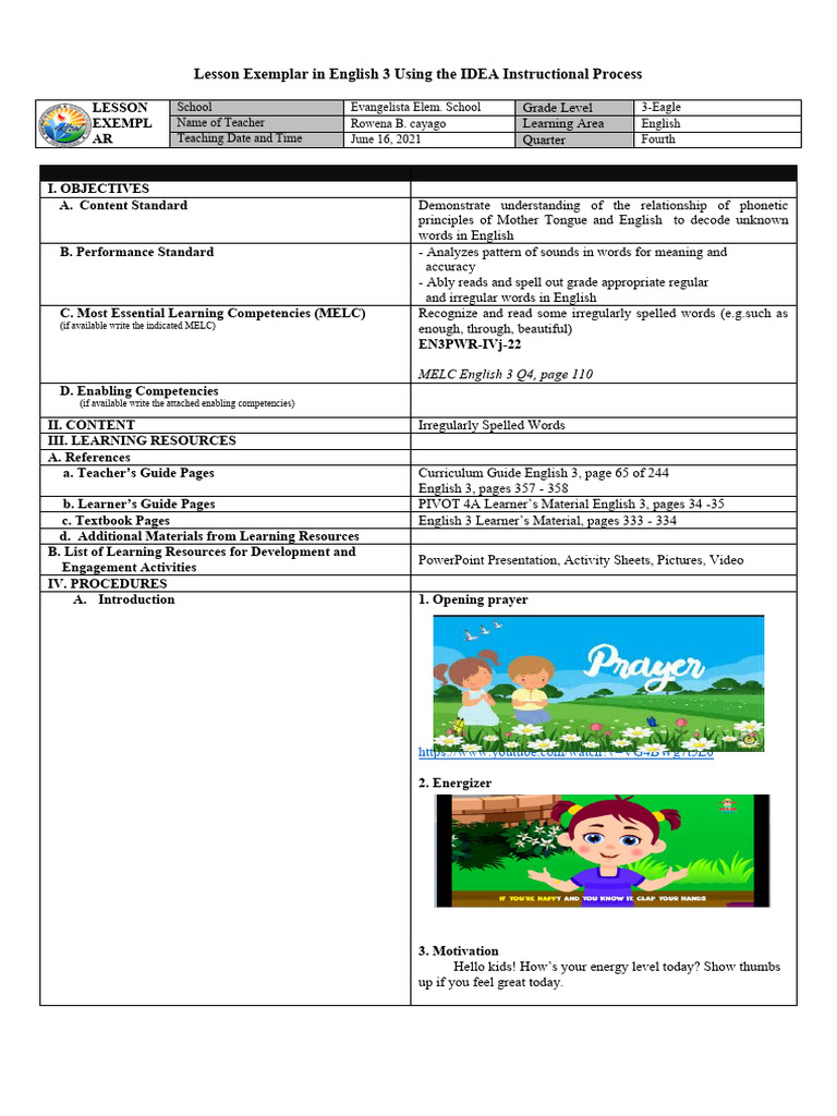Grade 3 English Lesson Exemplar | PDF | English Language | Vowel
