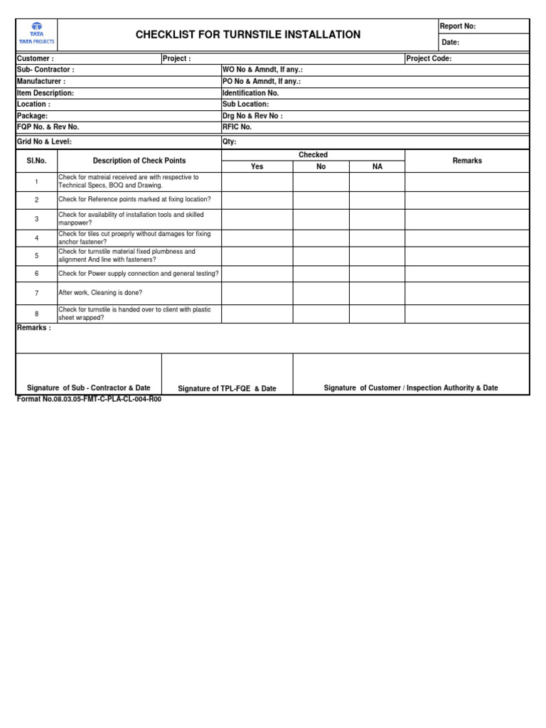 Turnstile Installation Checklist Report | PDF