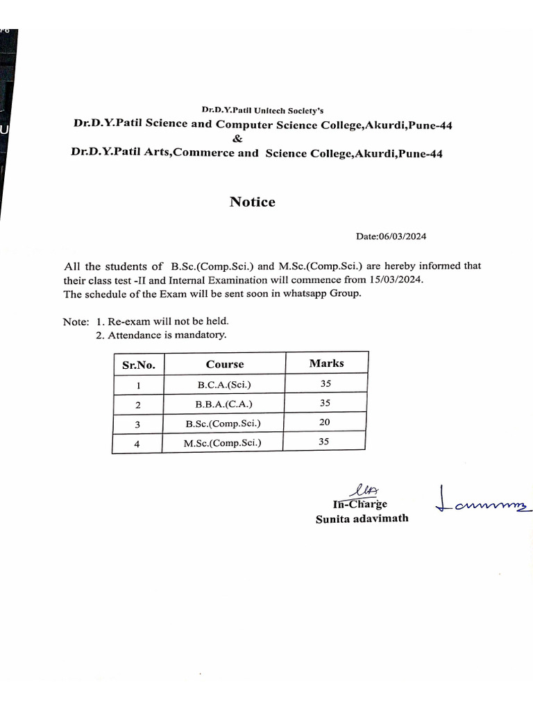BSC & MSC Class Test & Internal Exam Notice | PDF