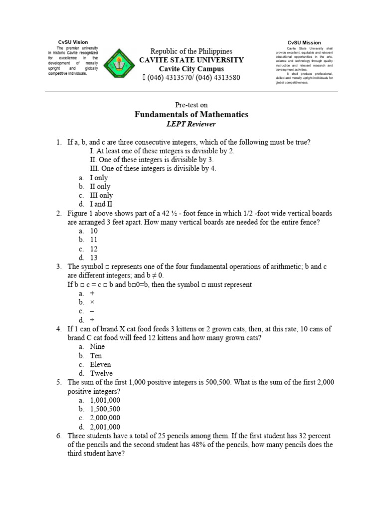 Fundamentals of Math (Pre-Test) | PDF | Numbers | Elementary Mathematics