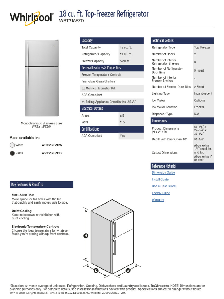 Specification Sheet Wrt318fzdspecsheetv01 | PDF | Refrigerator ...