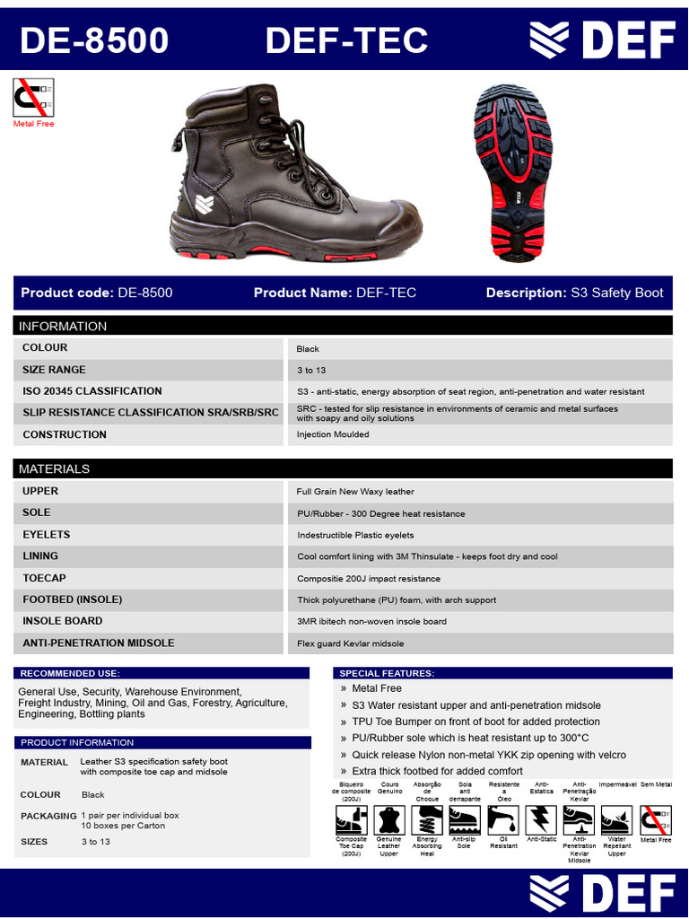 DEF-TEC DE-8500 S3 Safety Boot Specs | PDF | Shoe | Building Engineering