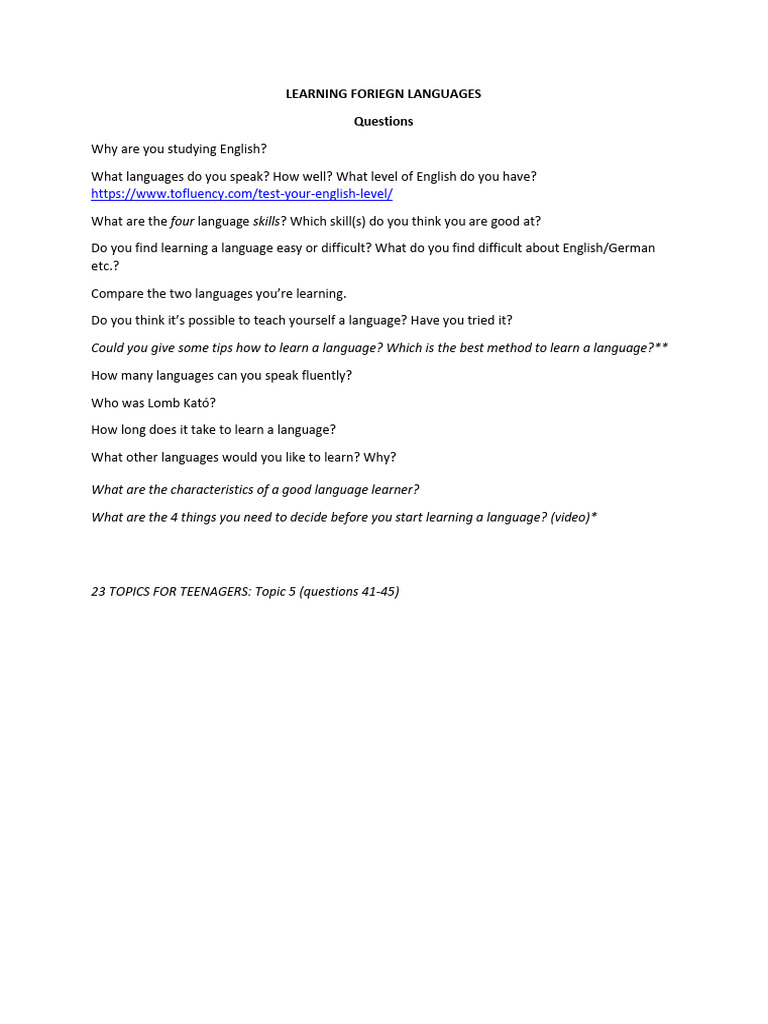 Language Learning Questionnaire and Sentences EF | PDF | English ...