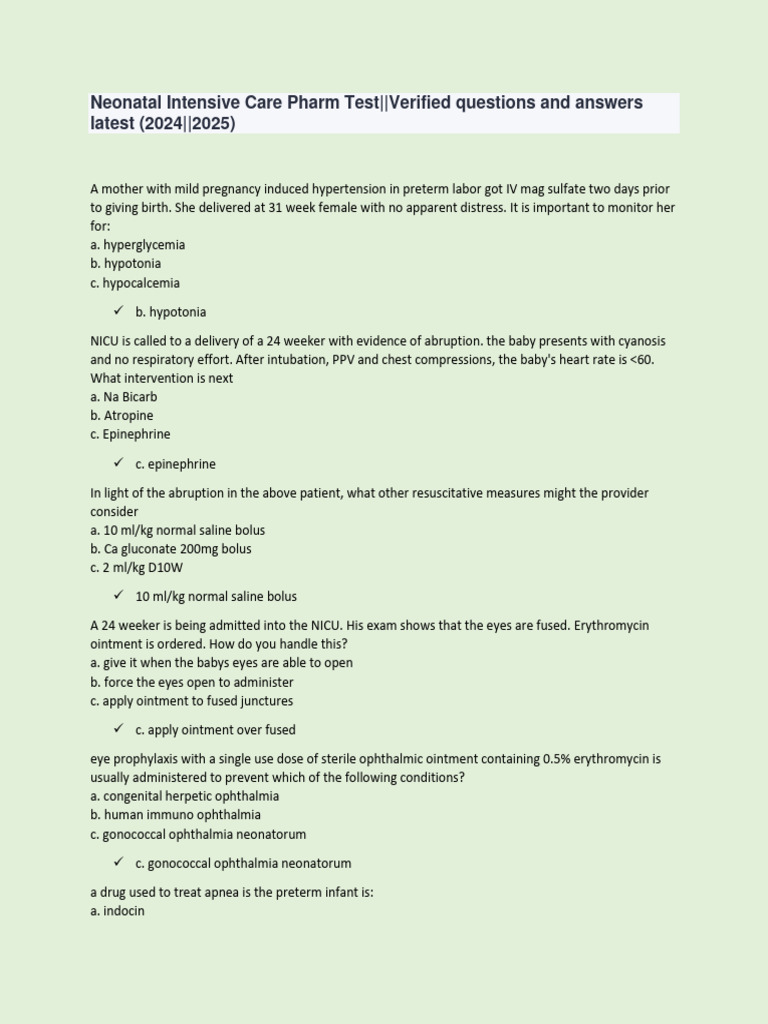 Neonatal Intensive Care Pharm Test | PDF | Preterm Birth | Lung