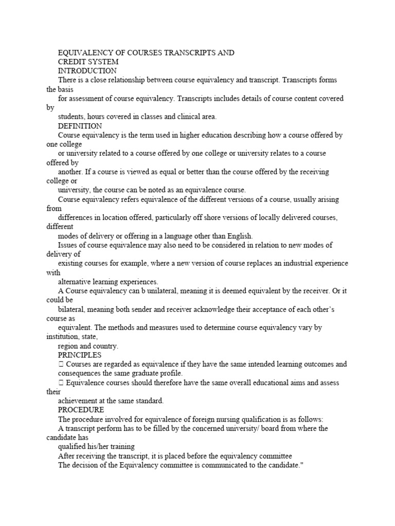 EQUIVALENCY OF COURSES TRANSCRIPTS AND PDF Résumé Nursing
