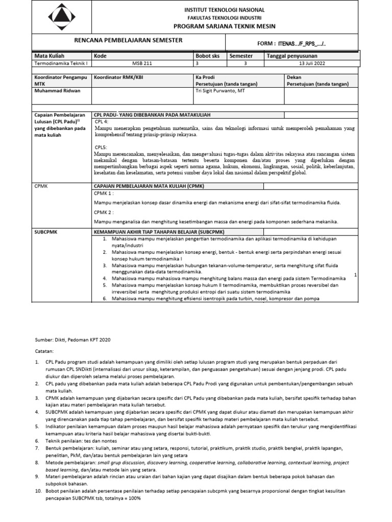 RPS MSB 211 Termodinamika Teknik I | PDF