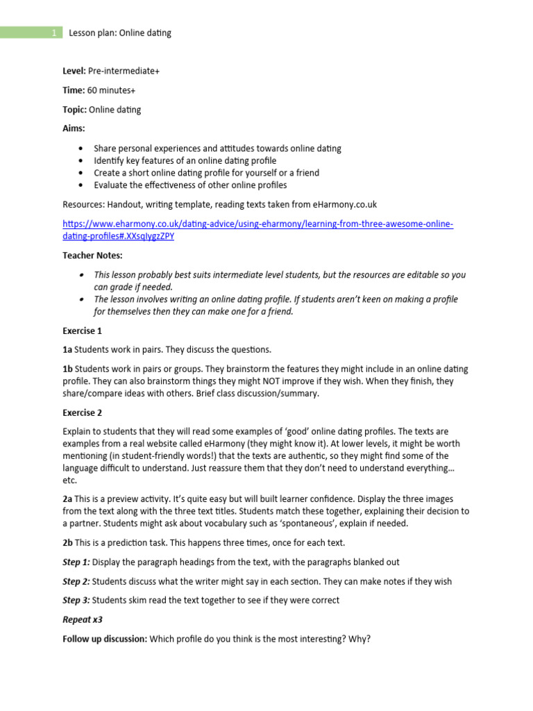 Lesson Plan and Notes Online Dating | PDF | Adjective | Lesson Plan