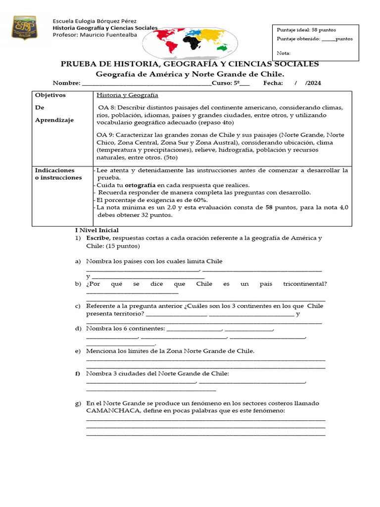 Prueba de Geografía de América y Chile | PDF | Andes | Chile