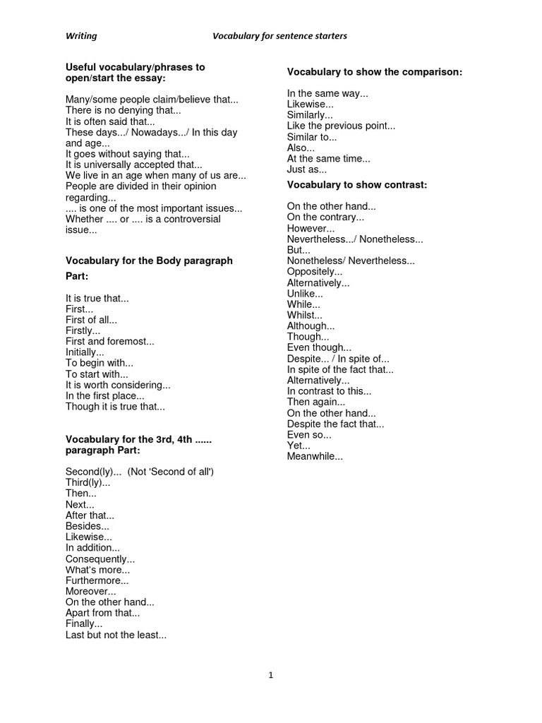 Essay Sentence Starters Guide | PDF | Vocabulary