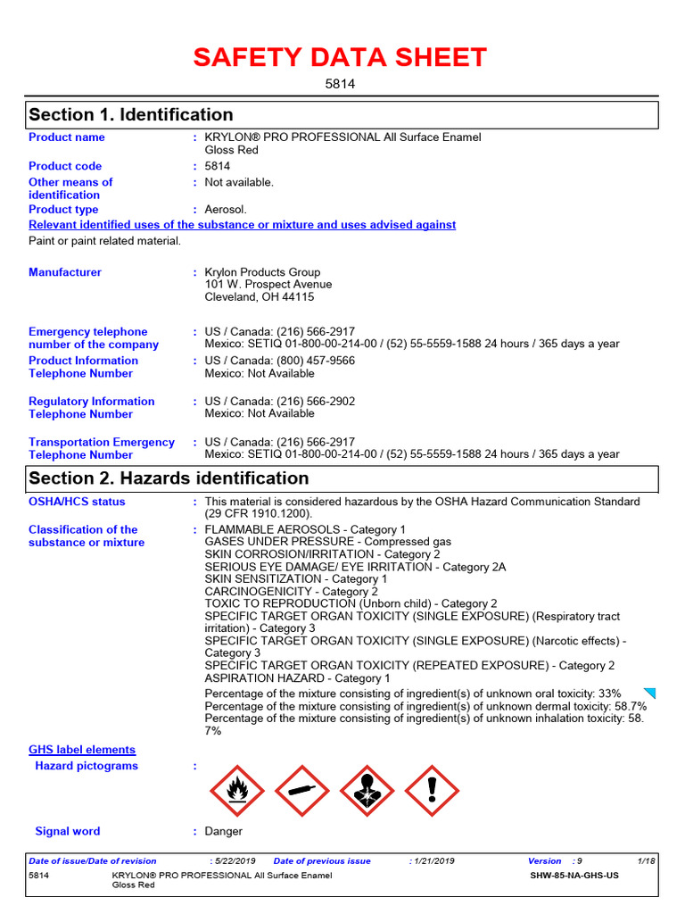 Krylon Pro Professional All Surface Enamel PDF Toxicity Hazards