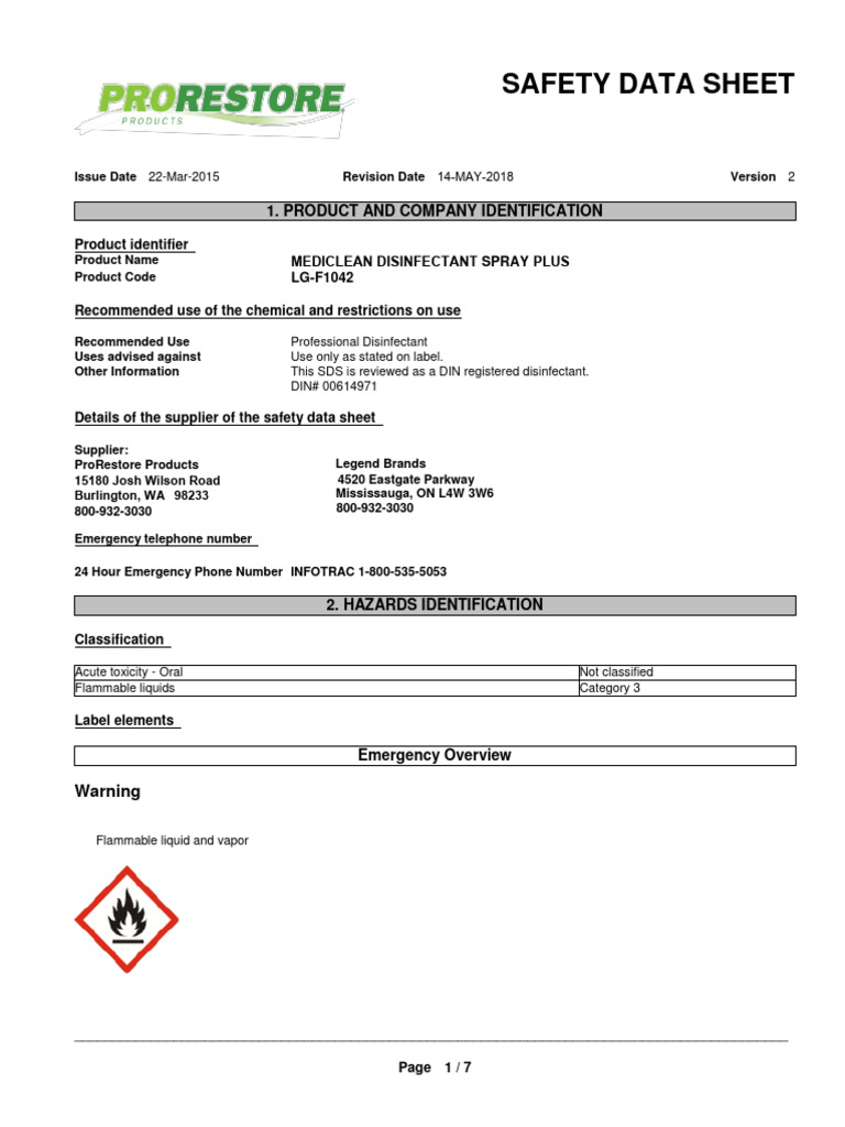 Mediclean Disinfectant Spray Plus CAN SDS Eng May 14 2018 | PDF ...