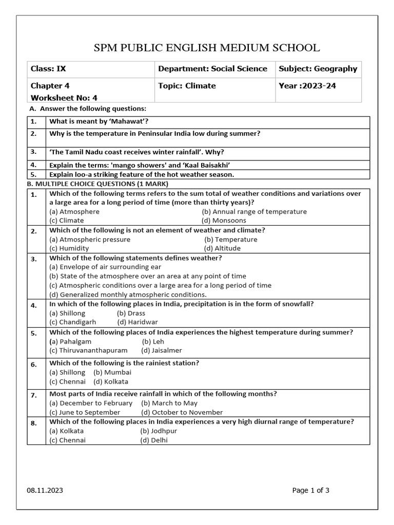 Class 9 Climate Worksheet 2023-24 | PDF | Wound | Weather