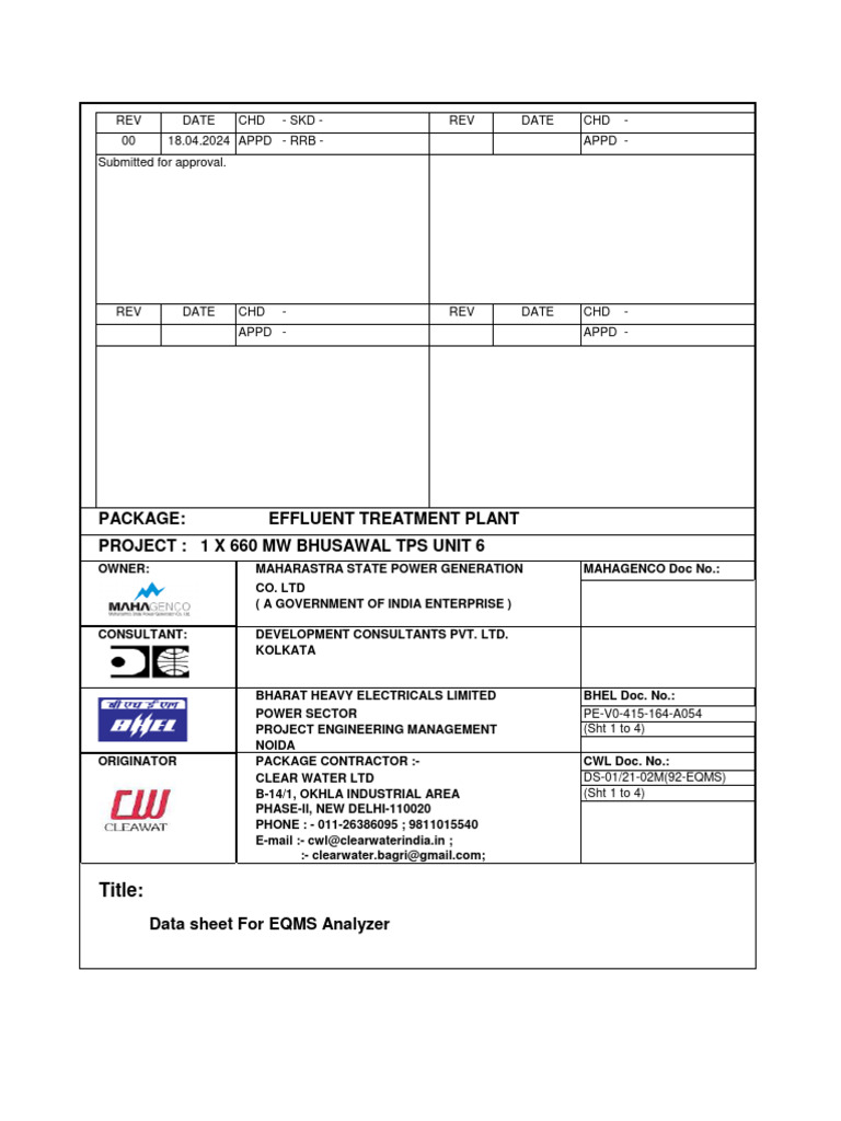 EQMS Analyzer Data Sheet for Thermal Plant | PDF