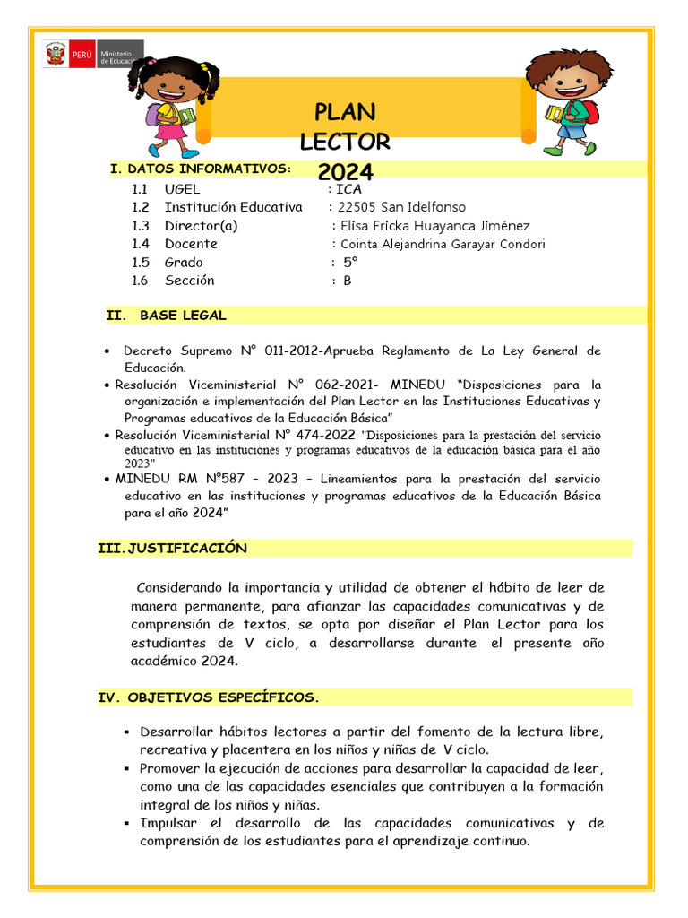 5°plan Lector | PDF | Educación primaria | Salón de clases