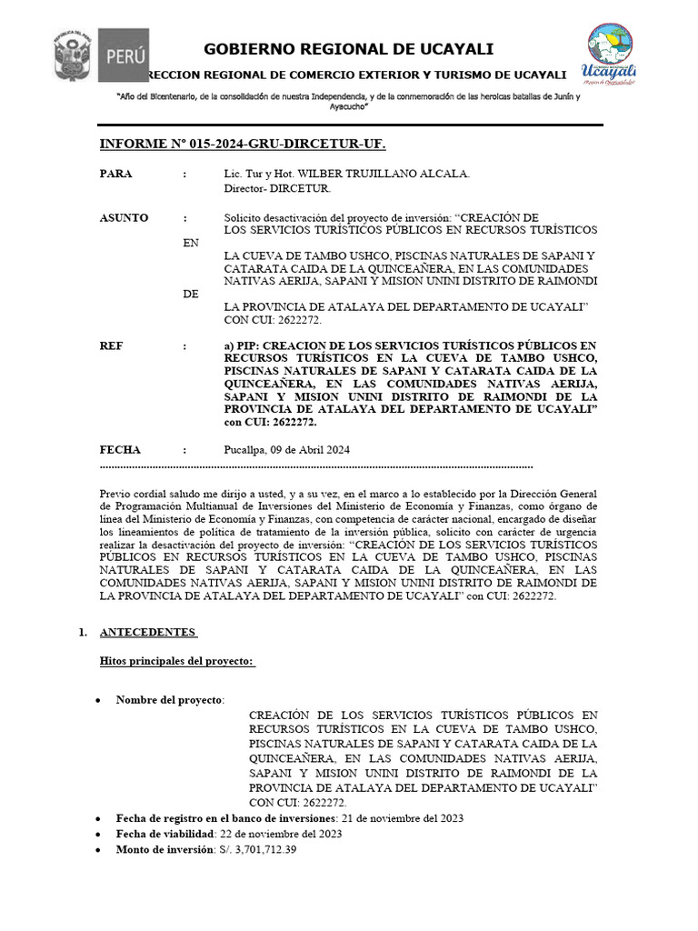 Informe n 015 2024 uf solicito desactivacion de pip pdf gobierno