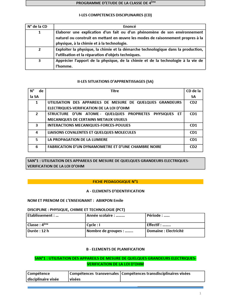 Programme PCT 4ème : Électricité et Mesures | PDF | Résistance ...