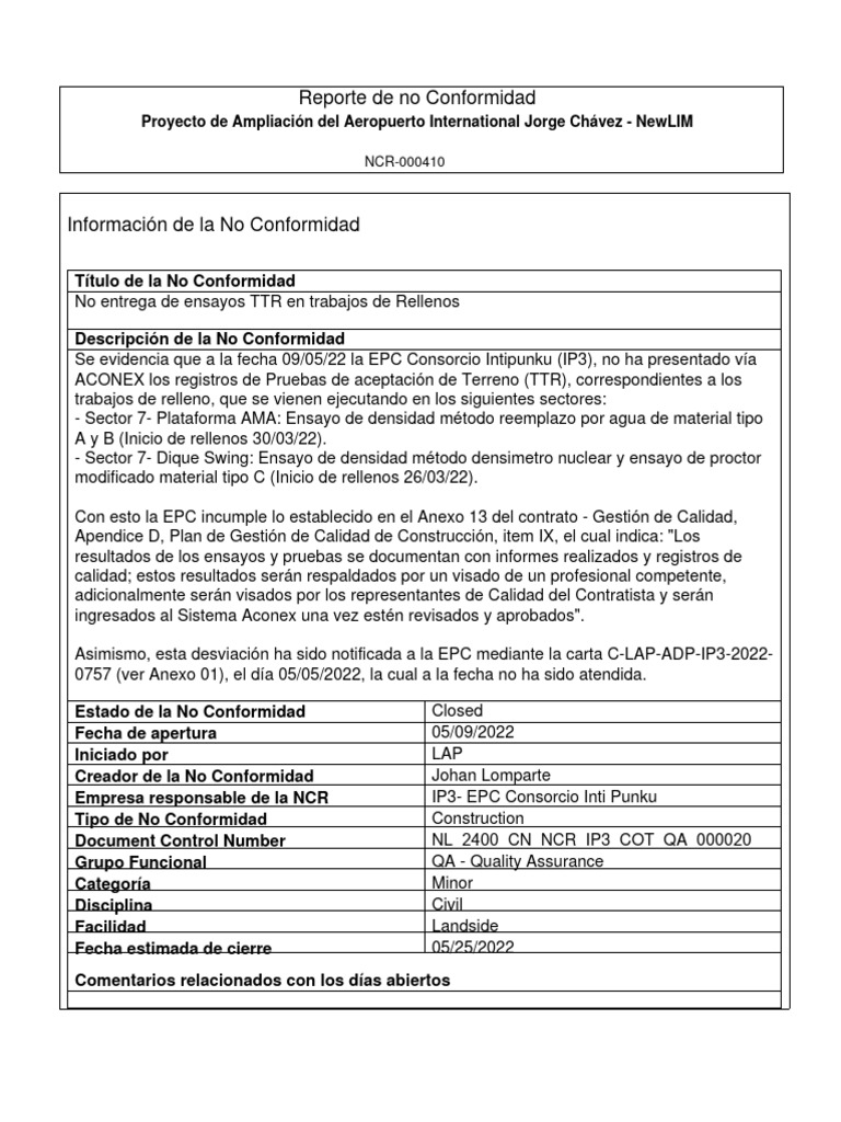 No Conformidad en Ensayos TTR - NewLIM | PDF