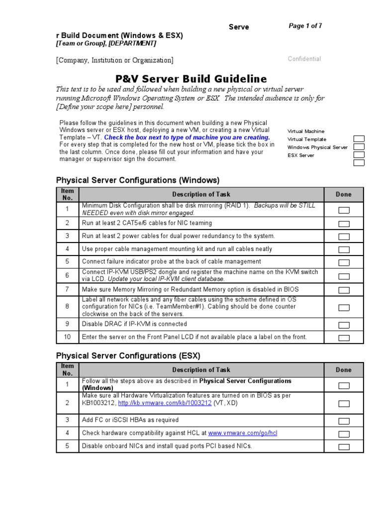 Windows and ESX Server Build Document Checklist PDF Operating