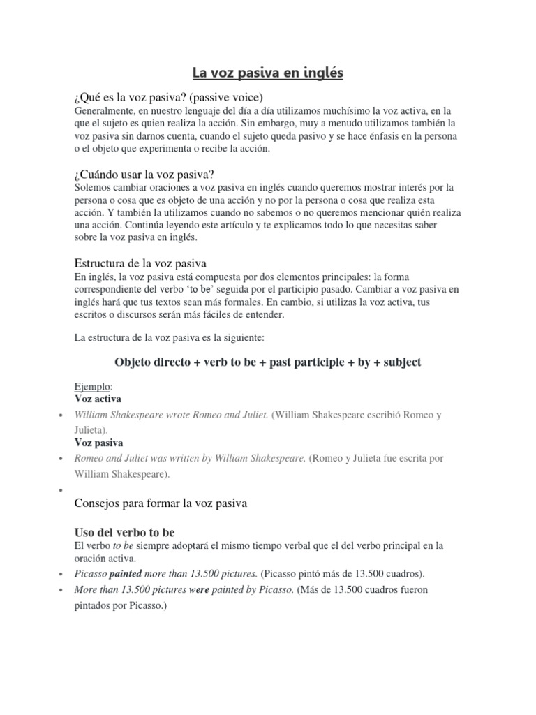 La Voz Pasiva - Teoría | PDF | Asunto (gramática) | Verbo