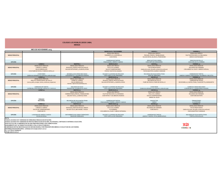 Menu Noviembre 2023 Los Robles Caba | PDF | ensalada | Cocina ...