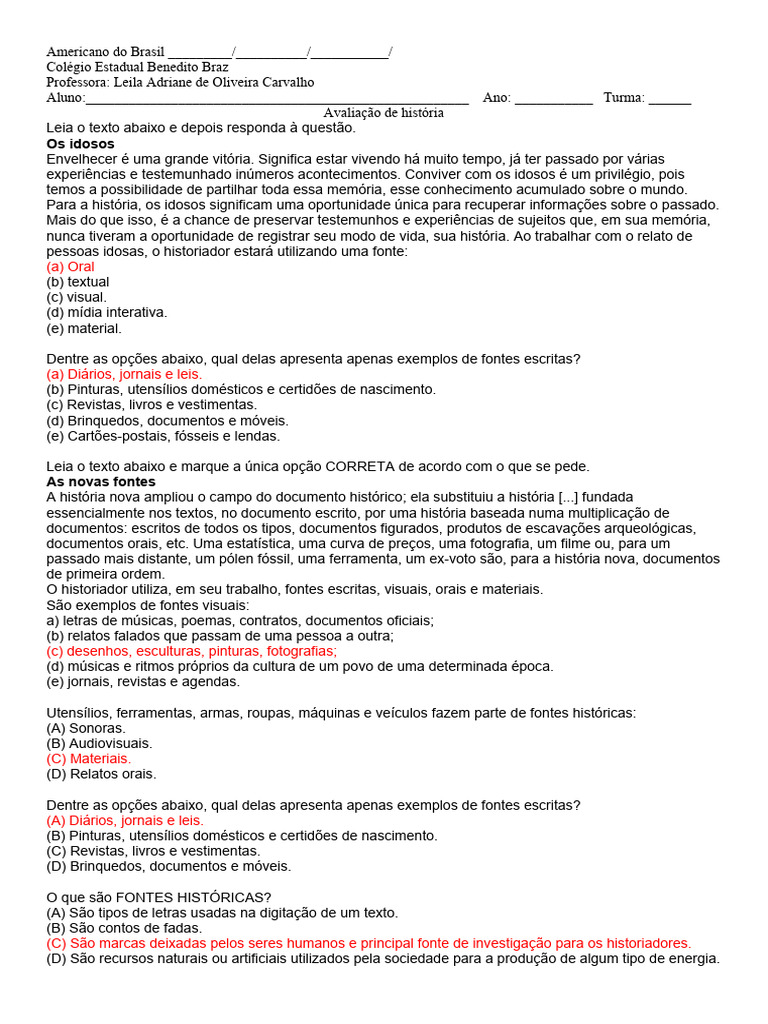 Prova de História 6º Ano com Gabarito | PDF | Criacionismo | Bíblia