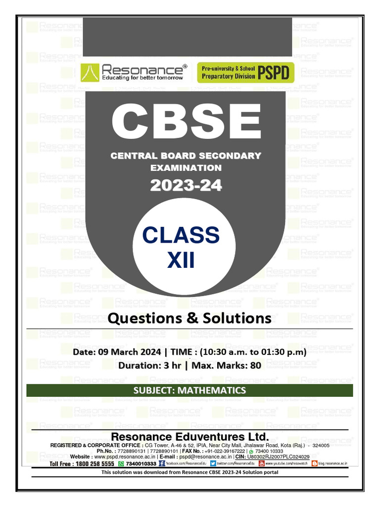 CBSE XII Mathematics Exam Questions | PDF | Mathematical Objects