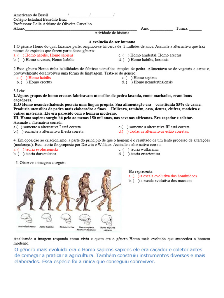 Atividades sobre Evolução Humana 6º Ano | PDF | Homo | Humano