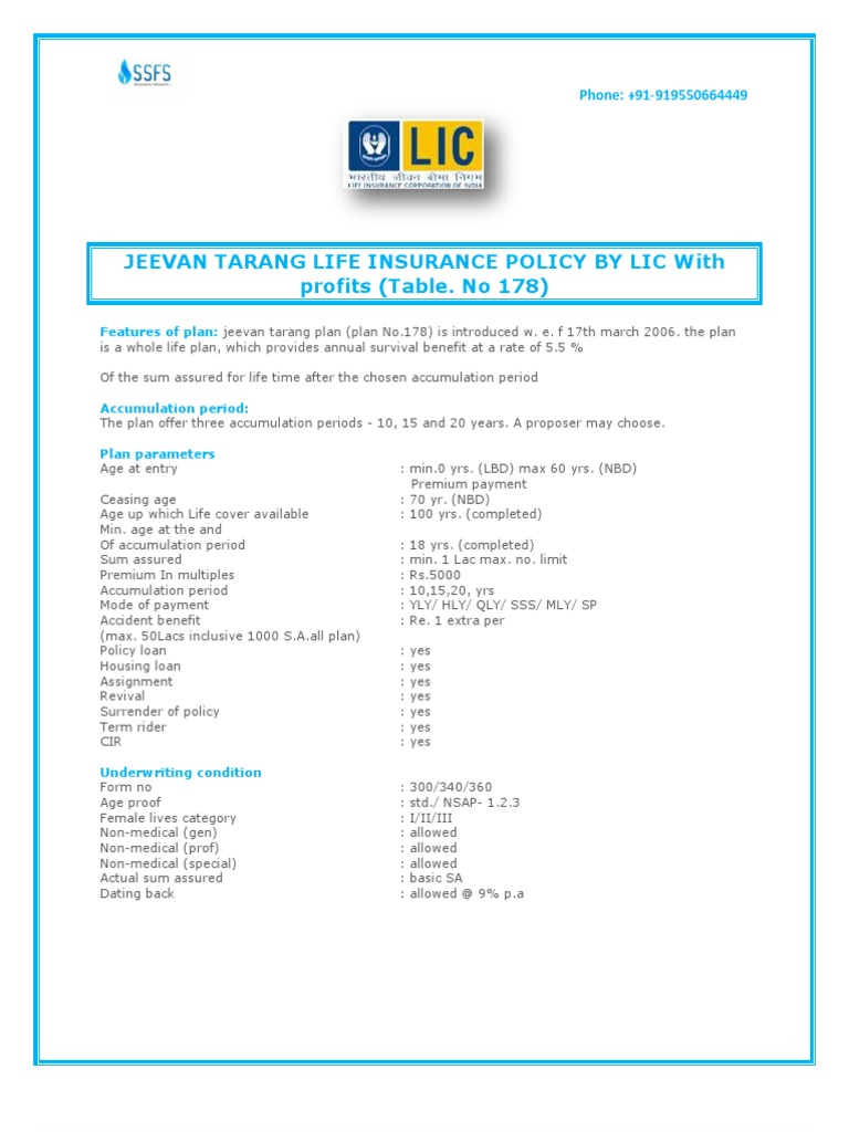 LIC Jeevan Tarang Plan 178 Overview | PDF | Insurance | Life Insurance