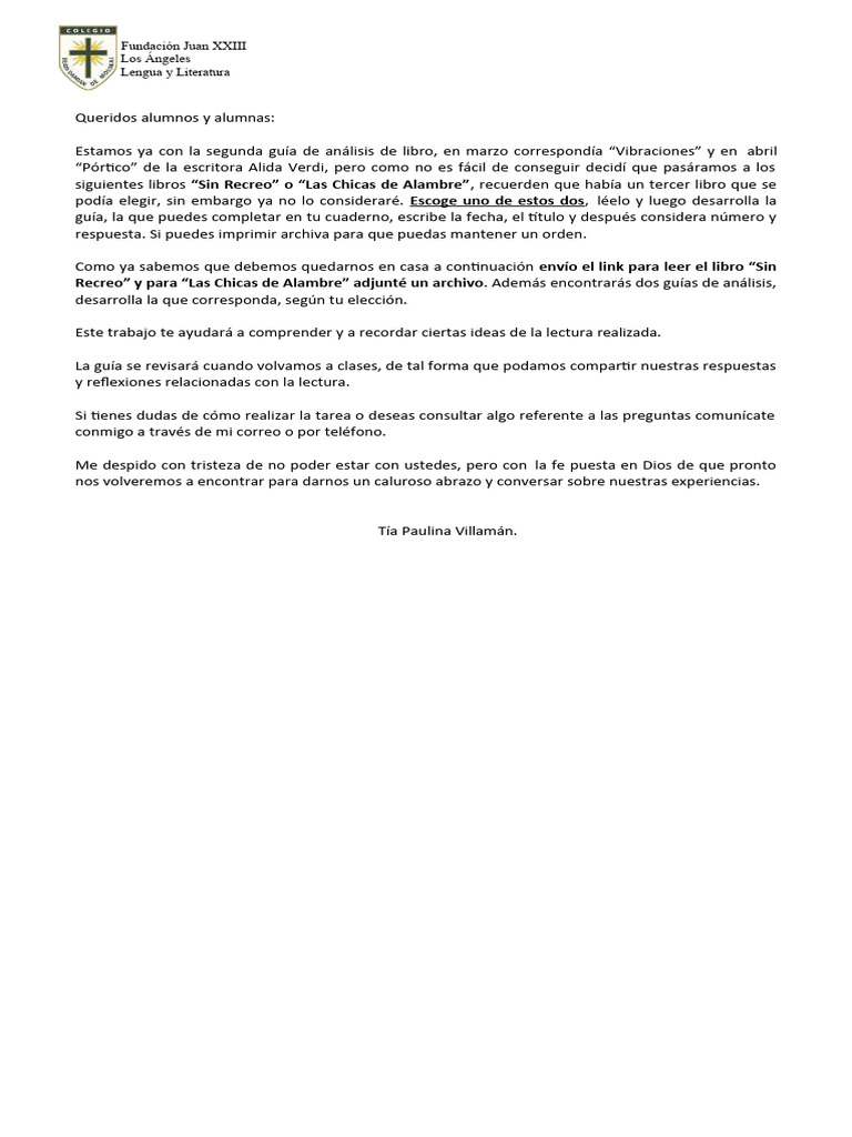 27 4 20 leng y lite guia analisis de libros sin recreo o las chicas de