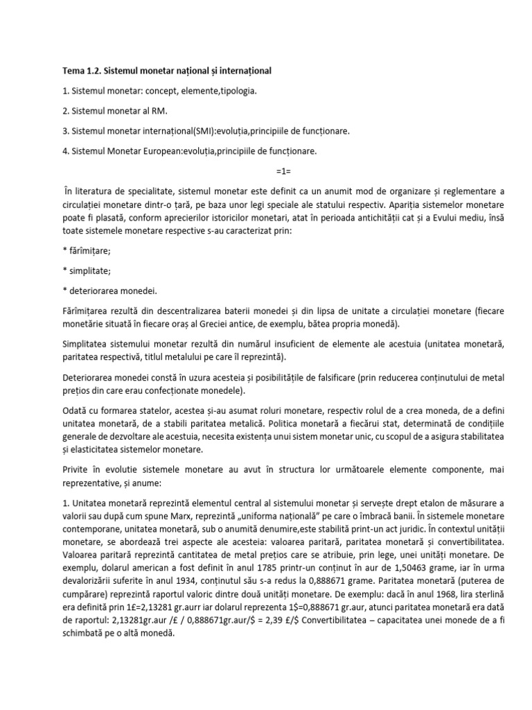 Tema 2 Sistemul Monetar National Si International | PDF