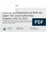 Healthy Life Expectancy at Birth For Upper Tier Local Authorities, England 2011 To 2013 PDF