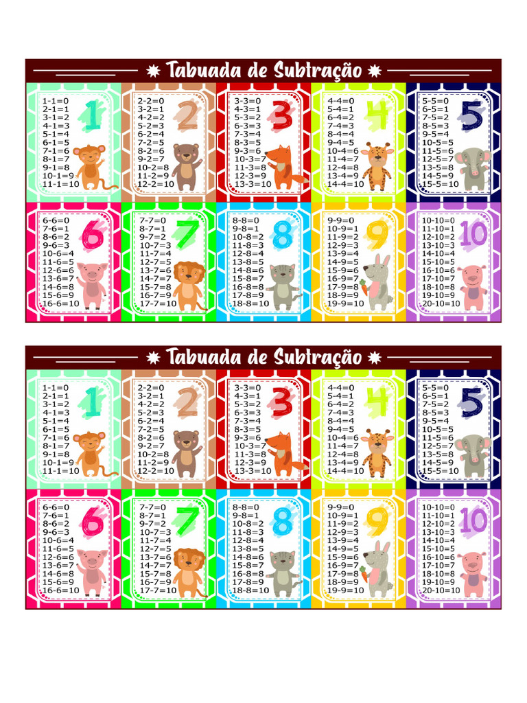 Tabuada Subtração Imprimir | PDF