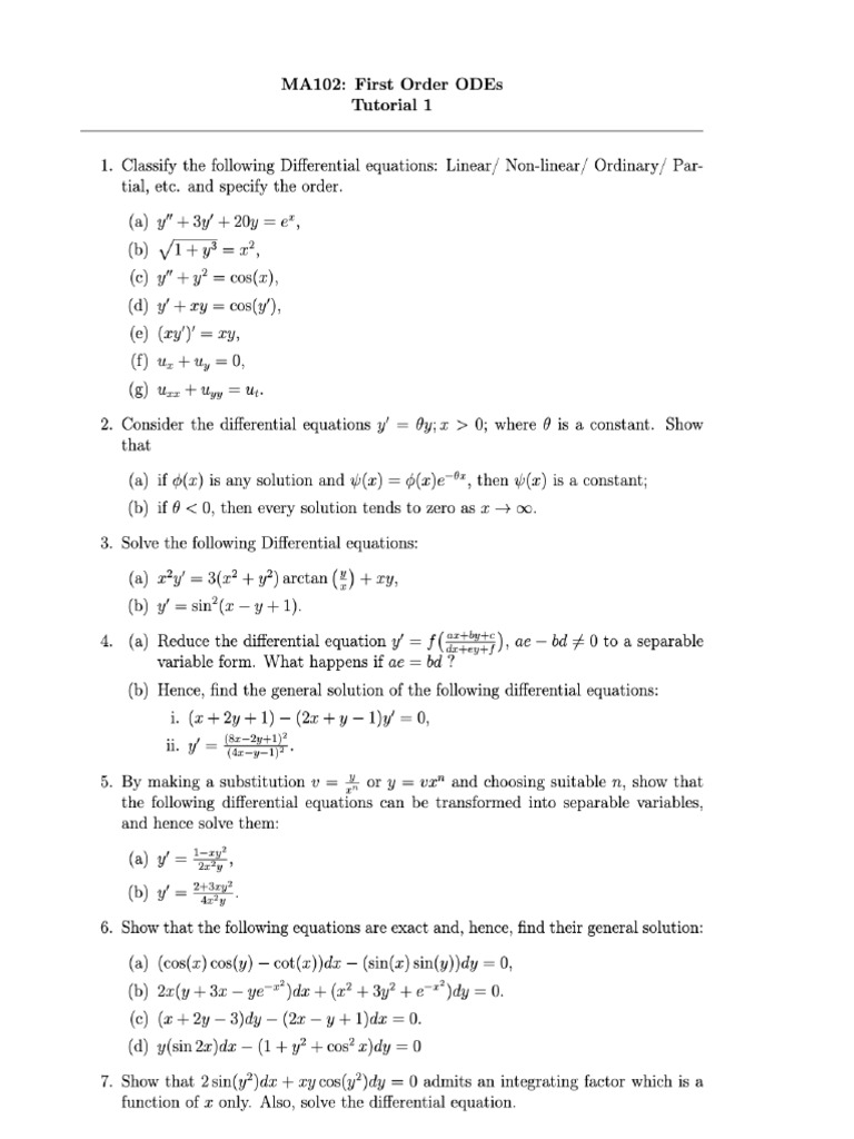 Ma102 Ode Tut 1 | PDF