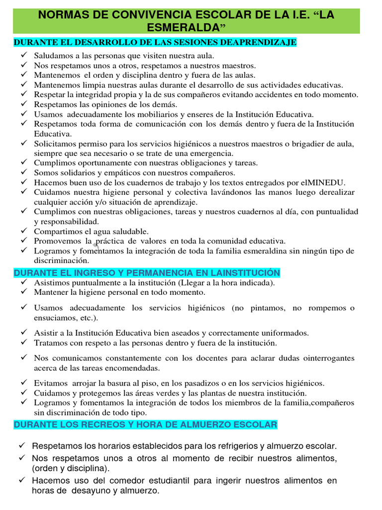 Normas de Convivencia Escolar de La I | PDF | Salón de clases | Escuelas