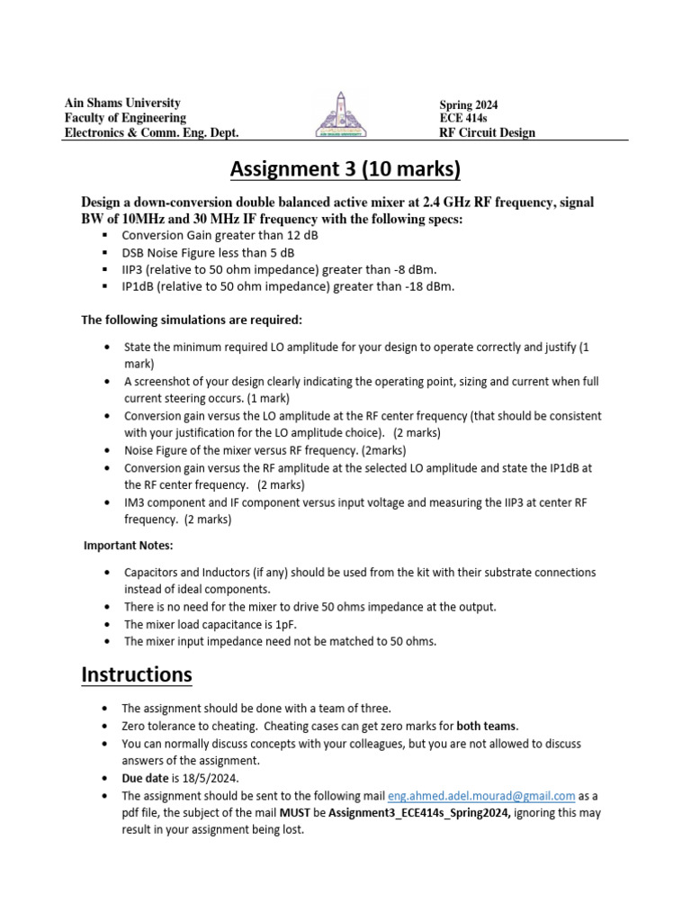 Assignment3 ECE414s Spring 2024 Mixer Design | PDF | Electrical ...
