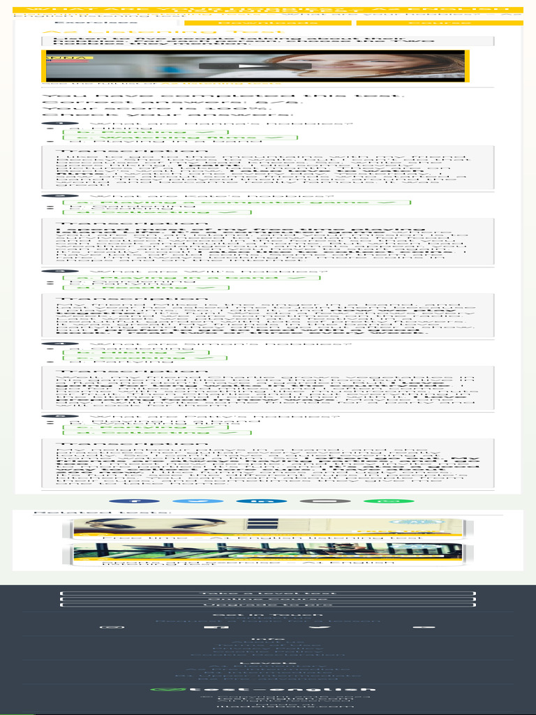 What Are Your Hobbies A2 English Listening Test Test English Pdf