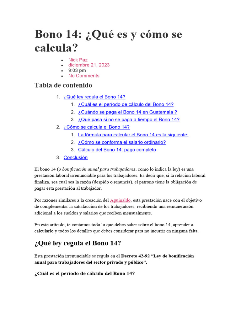 Cómo calcular el Bono 14 en Guatemala | PDF | Salario | Economias