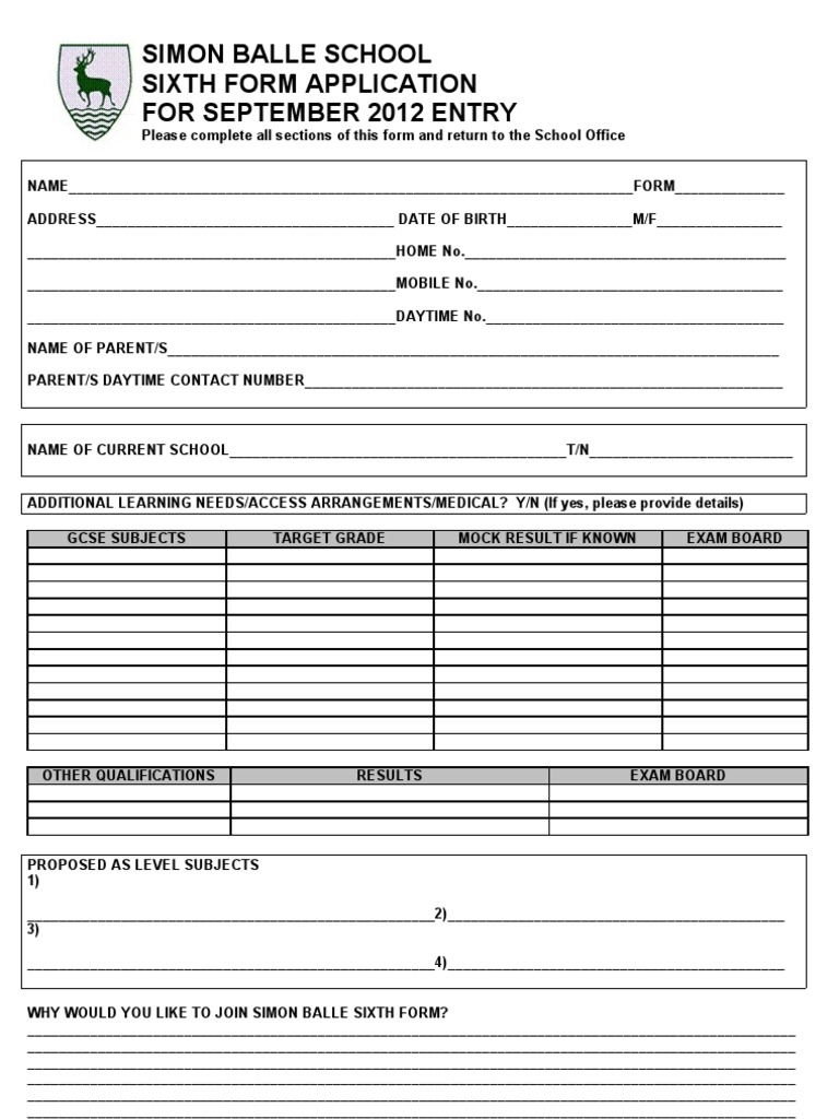 Sixth Form Application For 2012 | PDF