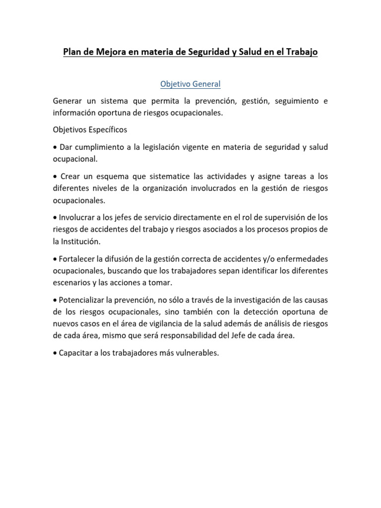 Mejora en Seguridad y Salud Laboral | PDF | Seguridad y salud ...