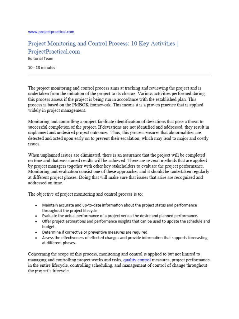 Project Monitoring and Control Process 10 Key Activities | PDF | Risk ...