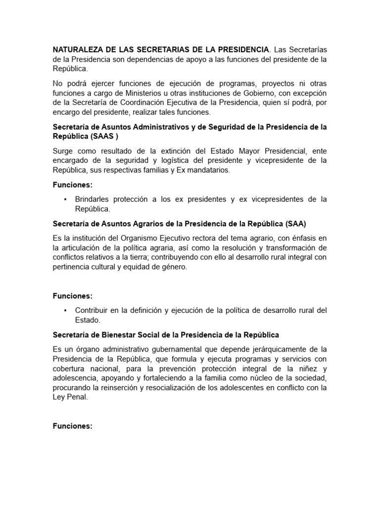 Funciones de las Secretarías de la Presidencia | PDF | Ministerio ...