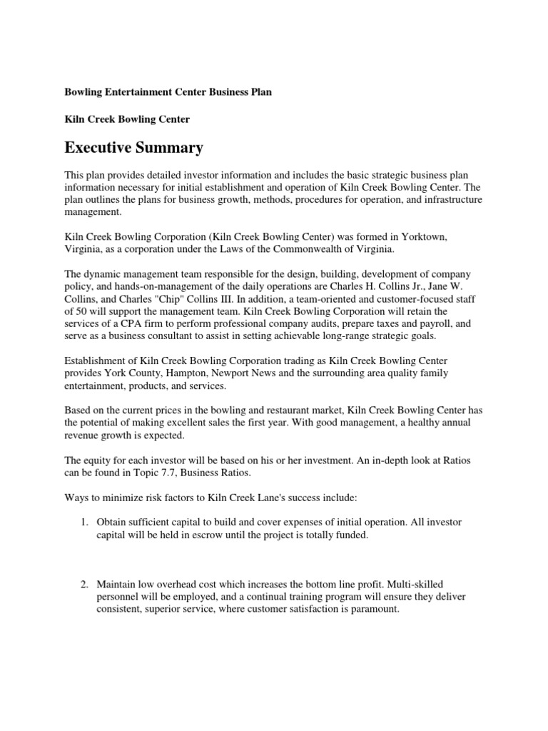 Bowling Entertainment Center Business Plan PDF Investor Advertising