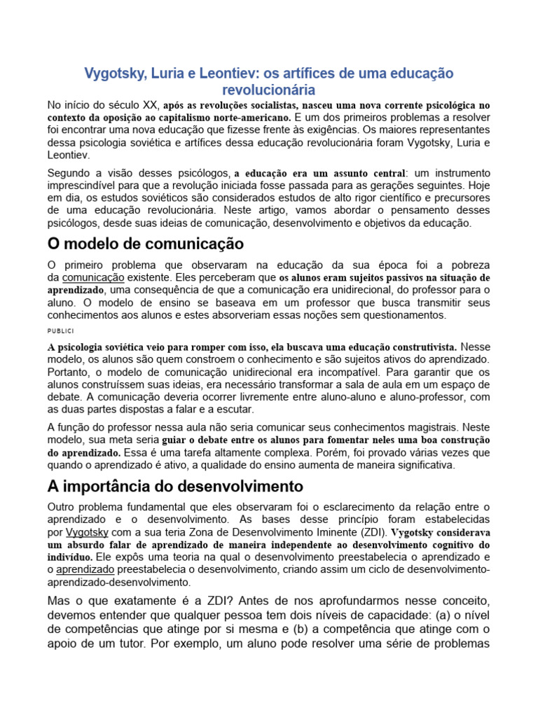 Vygotsky e a Educação Revolucionária | PDF | Aprendizado | Psicologia