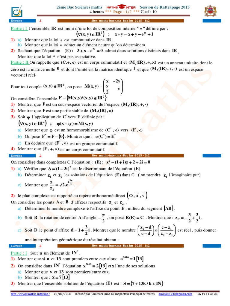 Session Rattrapage Bac Maths 2015 | PDF | Nombre complexe | Matrice ...